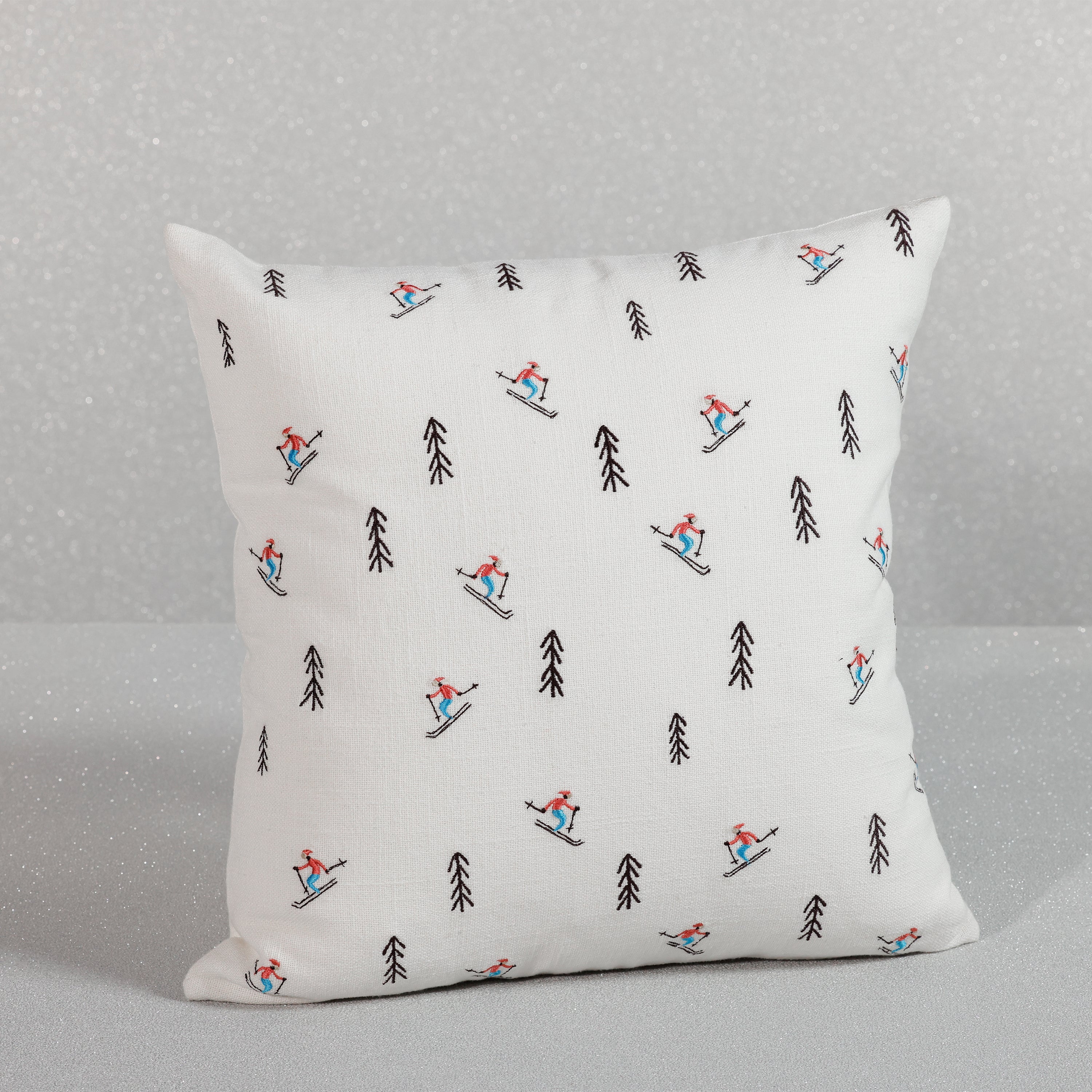 Trees and Skiers Cotton Embroidered Throw Pillow
